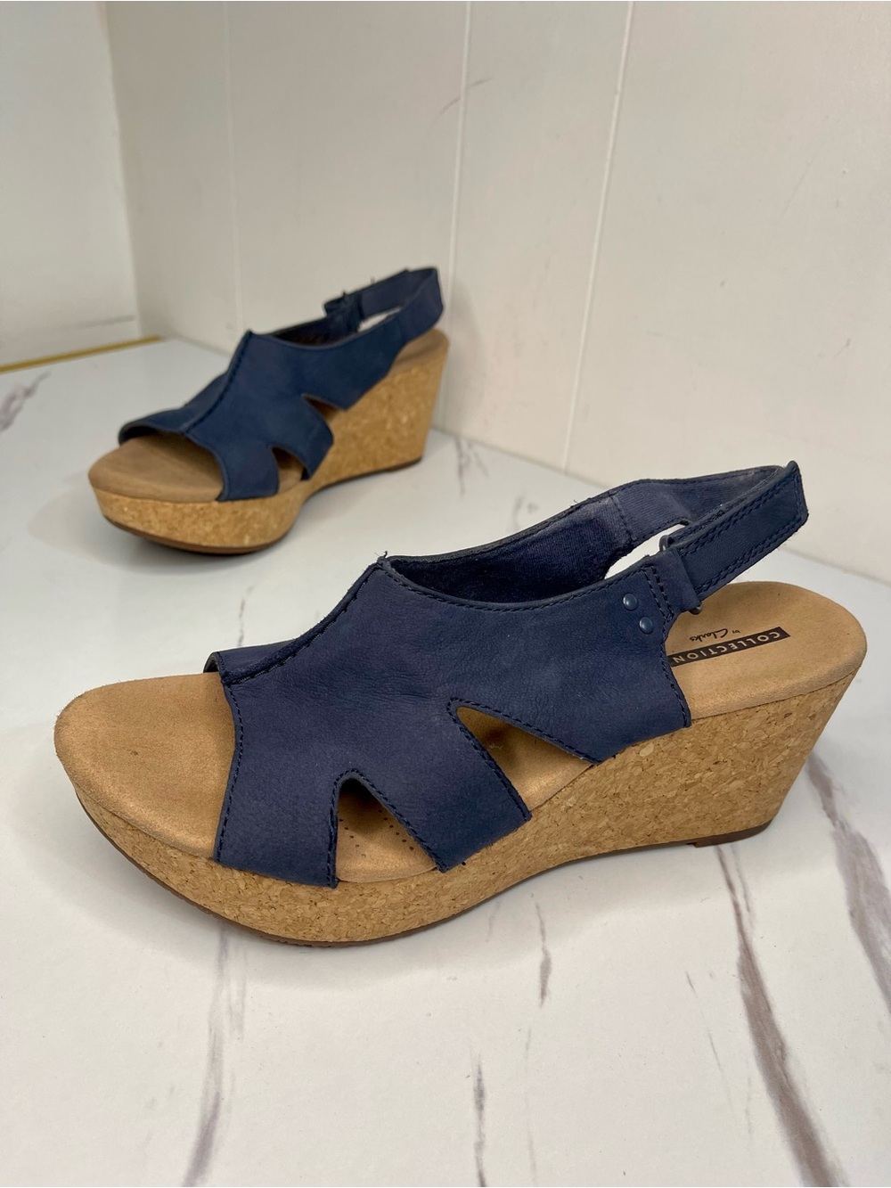 Clarks annadel bari platform, navy nubuck, 8.5M Cork Wedge Slingback Sandal